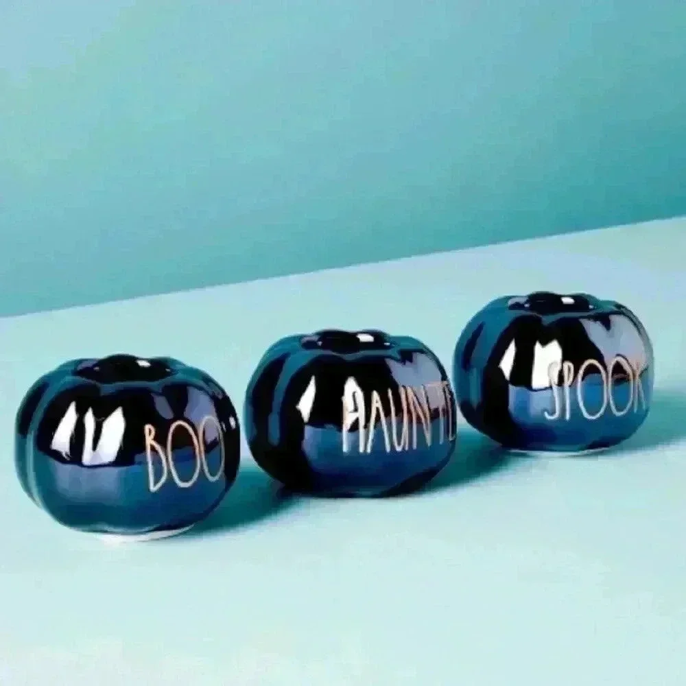 NEW Set of (3)Rae Dunn BOO/SPOOKY/HAUNTED pumpkin candle Holders WITHOUT candles